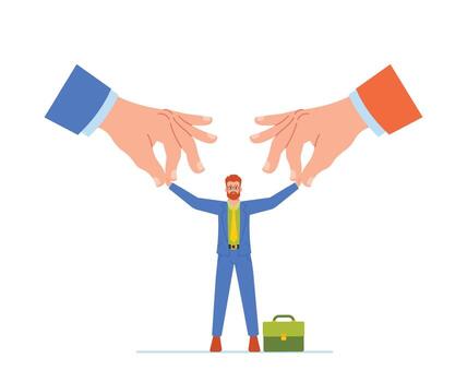 Two Huge Hands Are Pulling An Employee In Opposite Directions, Symbolizing Difficult Decision Or Conflicting Priorities vector