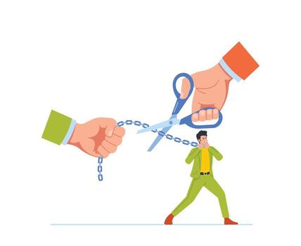 Huge Hand With Scissors Cuts The Chain Attached To A Businessman Held By Another Hand, Symbolizing Freedom vector