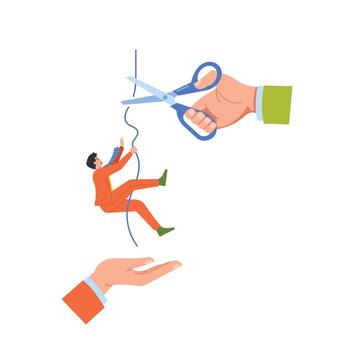 Hand Holding Scissors Symbolically Cuts The String Binding A Businessman, Causing Him To Fall Into The Waiting Hand vector