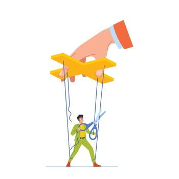 Marionette Employee Male Character Deftly Cuts Ropes, Freeing From Strings, Symbolizing Independence And Freedom vector