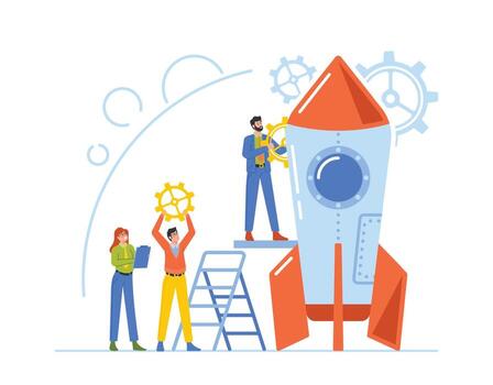 Creative Team Launch Rocket, Businesspeople with Huge Gears Prepare Spaceship for Take Off, Launching Business Project vector