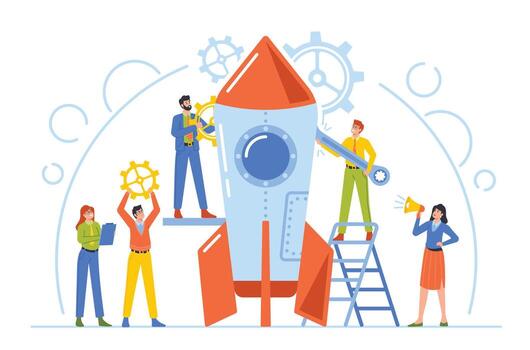 Creative Team Launch Rocket, Businesspeople with Huge Wrench, Gears and Loudspeaker Launching Business Project Startup vector