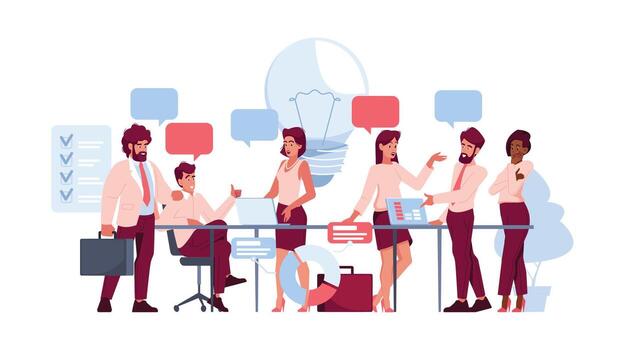 equipo de empleados en oficina que se discute trabajo asuntos. lluvia de ideas para hallazgo nuevo ideas dibujos animados ilustración vector