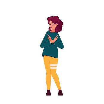 Female Character In Casual Clothes Showing Refusal Or Stop Gesture With Crossed Hand Palms Front Of Chest vector