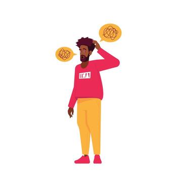 Puzzled Male Character with Tangled Thoughts in Mind Thinking, Scratching Head Isolated on White Background vector