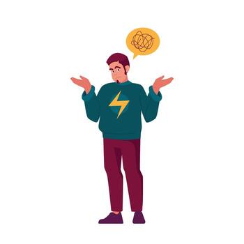 Puzzled Man Solving Problem, Confused Male Character with Tangled Thoughts in Mind Thinking, Searching Solution vector