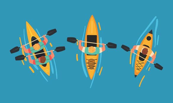 Man Rafting on Inflatable Raft with Paddle or Oar Above View Set vector