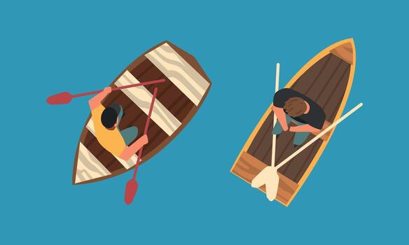 Man Rowing Boat with Paddle or Oar Drifting on Blue Surface of Water Above View Set vector