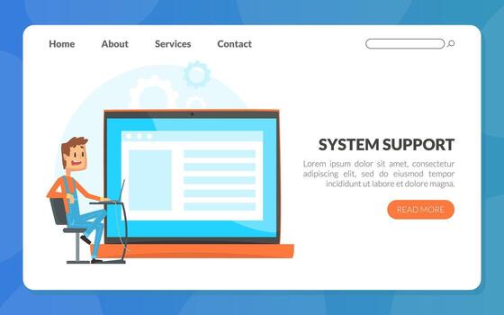 Administrative Support Service with Sysadmin Fixing Server on Computer Screen Web Banner Template vector