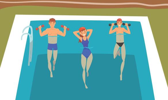 Young Man and Woman with Dumbbells in Swimming Pool Doing Physical Exercise Set vector