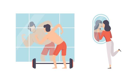 Narcissistic Man and Woman Character Looking in Mirror and Admiring of Themselves Set vector
