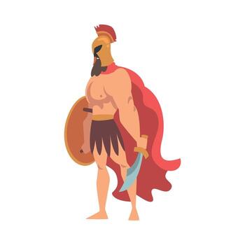 Spartan Man in Red Cloak and Helmet Armed with Sword and Shield Standing Illustration vector