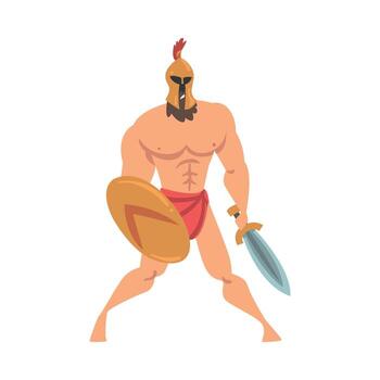 Spartan Man in Helmet Armed with Sword and Shield Attacking Illustration vector