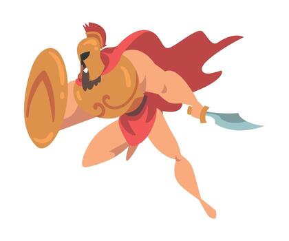 Spartan Man in Red Cloak and Helmet Armed with Sword and Shield Attacking Illustration vector