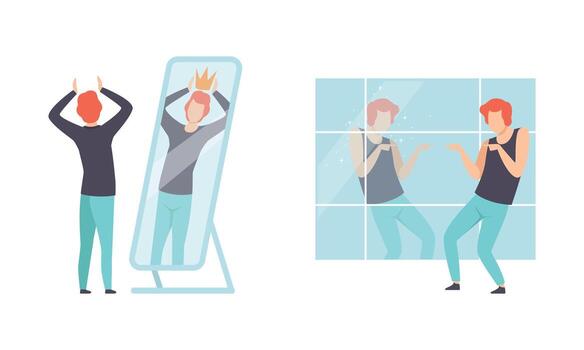 Narcissistic Man Character Looking in Mirror and Admiring of Themselves Set vector