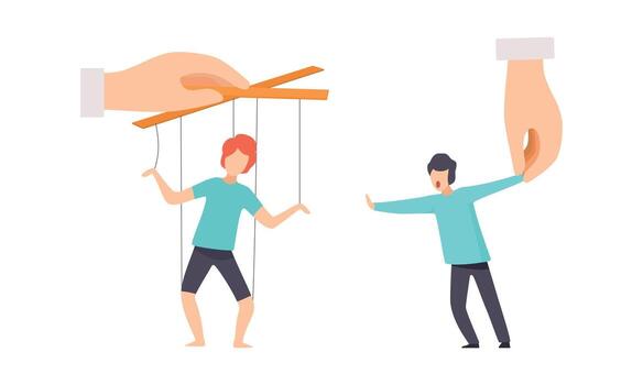 Manipulation of People with Tiny Man with Strings Controlled by Someone Set vector