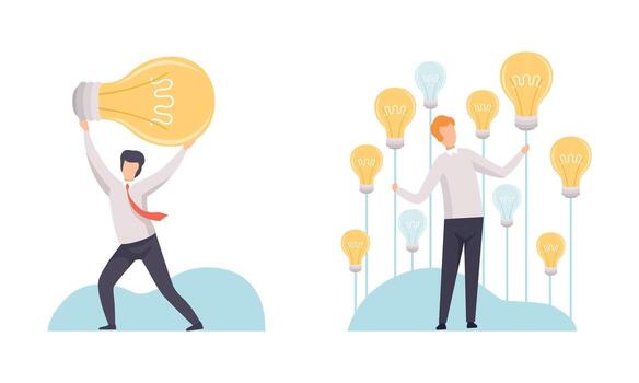 Creative Idea Searching with Business Man with Huge Light Bulb Set vector