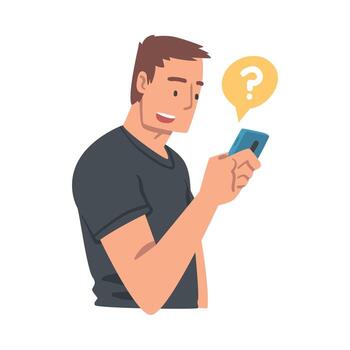 Young Man Character Asking Question Using Internet Search System on His Smartphone Illustration vector