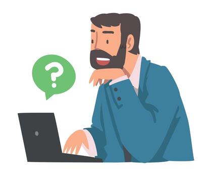 Young Bearded Man Character Asking Question Using Internet Search System on His Laptop Illustration vector