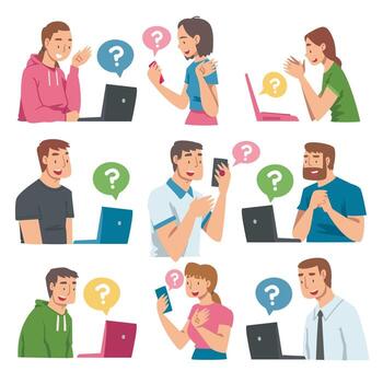 People Character Asking Question Using Internet Search System on Their Smartphone and Laptop Set vector