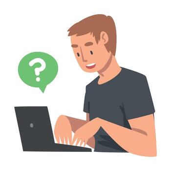 Young Man Character Asking Question Using Internet Search System on His Laptop Illustration vector