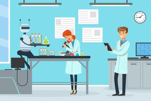 hombre y mujer científico conductible experimentar con artificial inteligencia asistencia ilustración vector