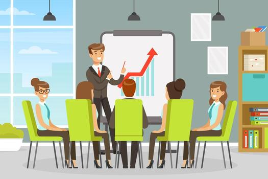 Man Character Coworker in Office Space Showing Presentation on Markerboard Illustration vector