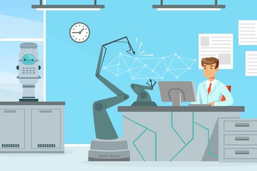 hombre científico conductible experimentar con artificial inteligencia asistencia ilustración vector