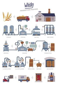 Whiskey Production Process with Distillation, Aging and Packaging Steps Set vector