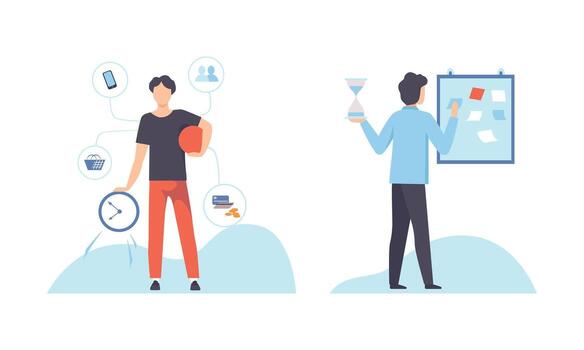 Time Management and Task Planning with Young Man with Clock Organizing His Timeline Set vector