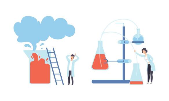 Man and Woman Research Scientist in Laboratory Coat Conducting Experiment with Chemical in Flask Set vector