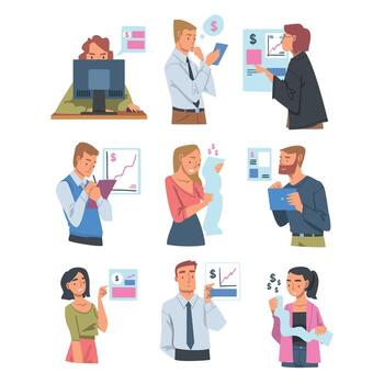 People Character Analyzing Financial Profit Growth and Evaluating Revenue and Expense Set vector