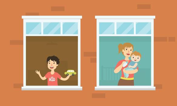 People Character Looking Out from Open Window Illustration vector