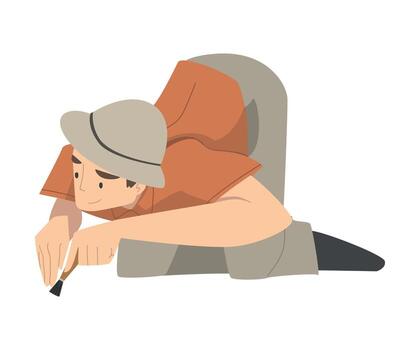 Man Archaeologist with Brush Working on Excavations in Search of Archaeological Remains Illustration vector