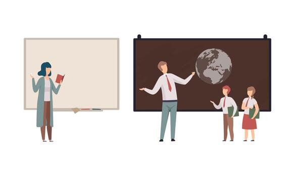 Teacher or University Professor Standing in Front of Chalkboard Explaining Lesson Set vector