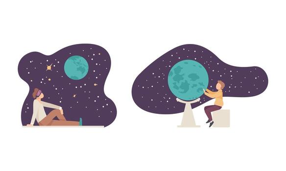 Man Character Visiting Planetarium Learning about Astronomy and Night Sky Set vector