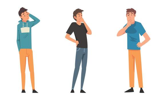 Thoughtful Man Character Scratching Head Having Question Thinking Over the Matter Set vector