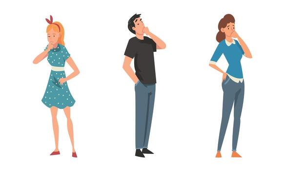 Thoughtful Man and Woman Character Scratching Head Having Question Thinking Over the Matter Set vector