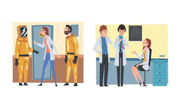 hombre y mujer científico en Saco trabajando en laboratorio con químico en matraz conjunto vector