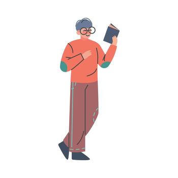 Puzzled Man Holding Open Book Asking Question and Searching for Information Illustration vector
