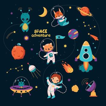 Space Adventure with Boy and Animal Astronaut Character Exploring Galaxy with Planets Around Set vector