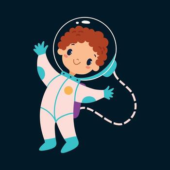 Space Adventure with Little Boy Astronaut in Spacesuit Exploring Galaxy Illustration vector