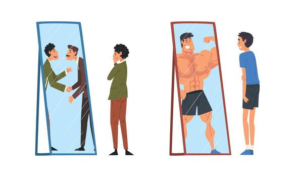 Man Standing in Front of Mirror Looking at His Reflection and Imagine Himself as Successful and Attractive Set vector