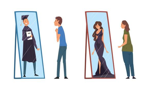 Man and Woman Standing in Front of Mirror Looking at Their Reflection and Imagine Themselves as Successful and Attractive Set vector