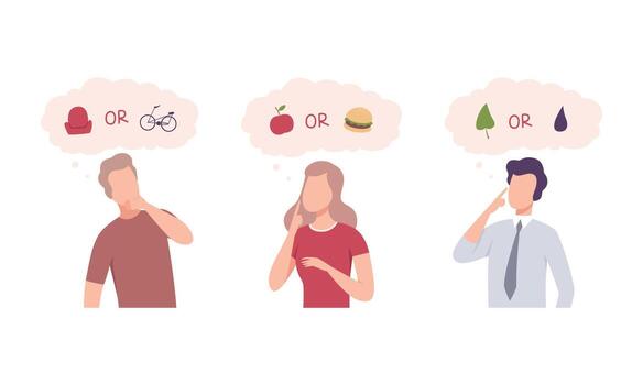 Confused Pensive People Character Choosing Between Two Alternative Set vector