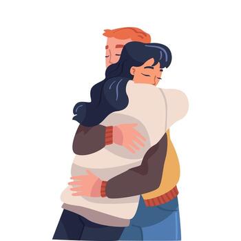 hombre y mujer personaje abrazando y abrazando cada otro expresando simpático sensación ilustración vector