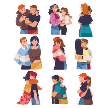 People Character Hugging and Embracing Each Other Expressing Friendly Feeling Set vector