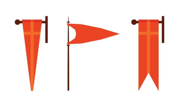 Red Royal Flag on Pole as Medieval Monarchy Symbol and Castle Tower Element Set vector