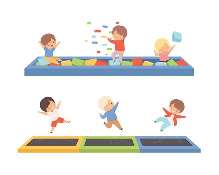 Cute Little Kids Bouncing on Trampoline and Playing in Pool with Soft Cubes Set vector