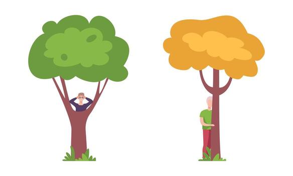 Man Character Standing Behind Tree Trunk Peeking and Looking in Binocular Set vector